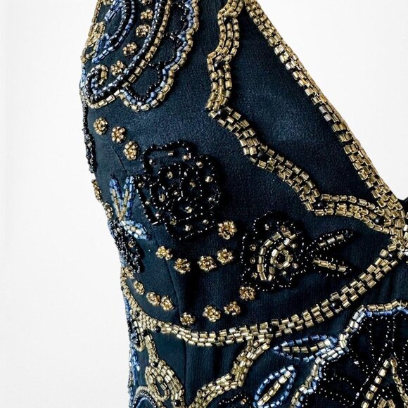 Vintage Y2K Black Navy Silk Beaded Halter Bodycon Maxi Prom Dress Size M - Picture 6 of 8